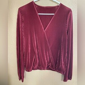 Women’s Elegant Burgundy Pleated V-Neck Wrap Blouse. Size small